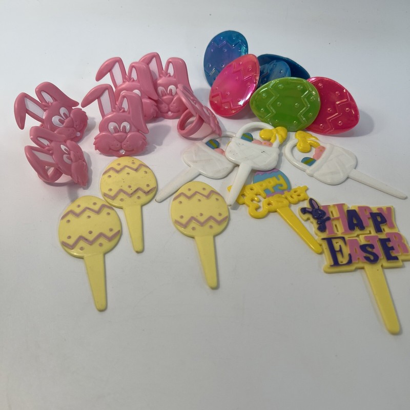 Vintage Plastic Easter Bunny Eggs Rings And Cupcake Toppers Or Picks Lot Of 20