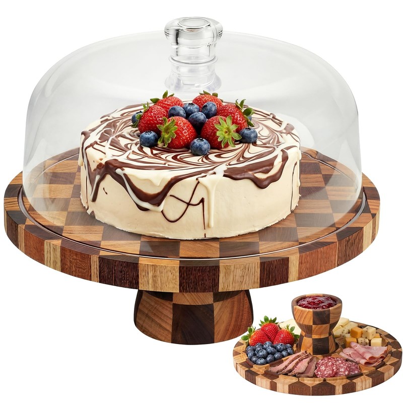 Cake Stand with Dome Lid – 12in Wooden Cake Stand with Shatterproof Acrylic D…