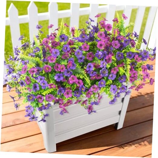 Artificial Flowers for Outdoors, 12 Bundles Purple Light/Deep Purple and Fern