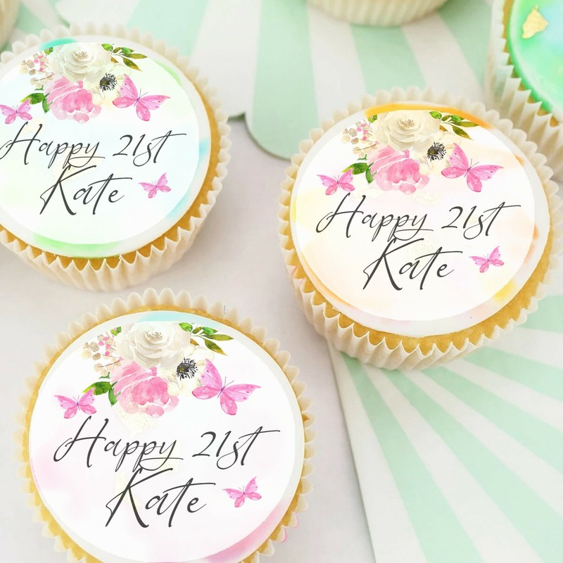 Floral Butterfly 21st Birthday Pre-cut Edible Icing Cupcake or Cookie Toppers