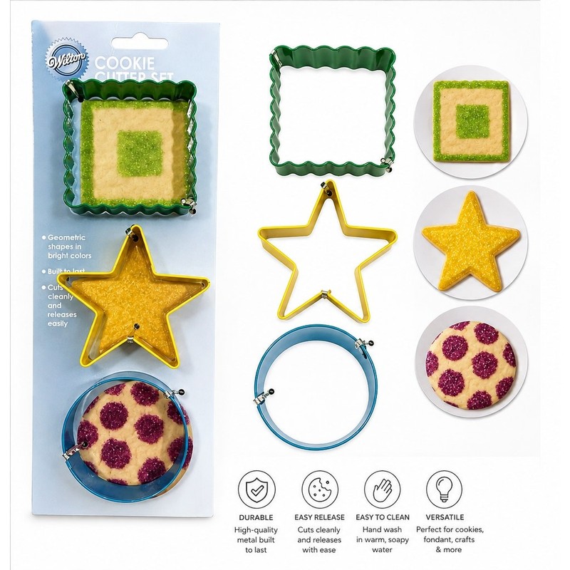 Wilton Cookie Cutter Set 3 Piece Geometric Shapes Square Star Circle New Sealed