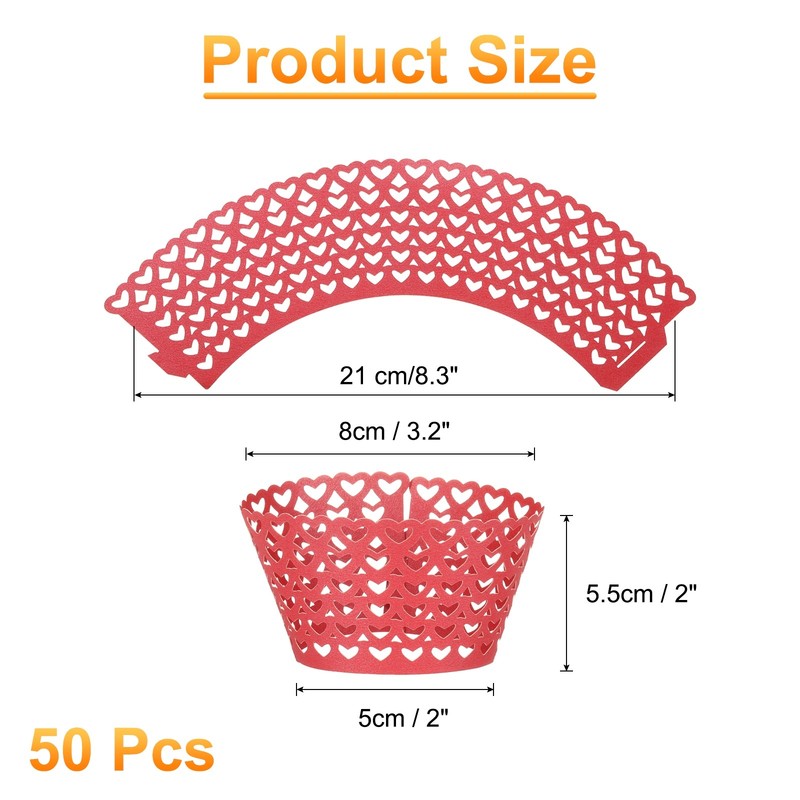 50 Pcs Cupcake Wrappers for Decoration Gloss Red (Heart, Pearlescent Paper) gallery