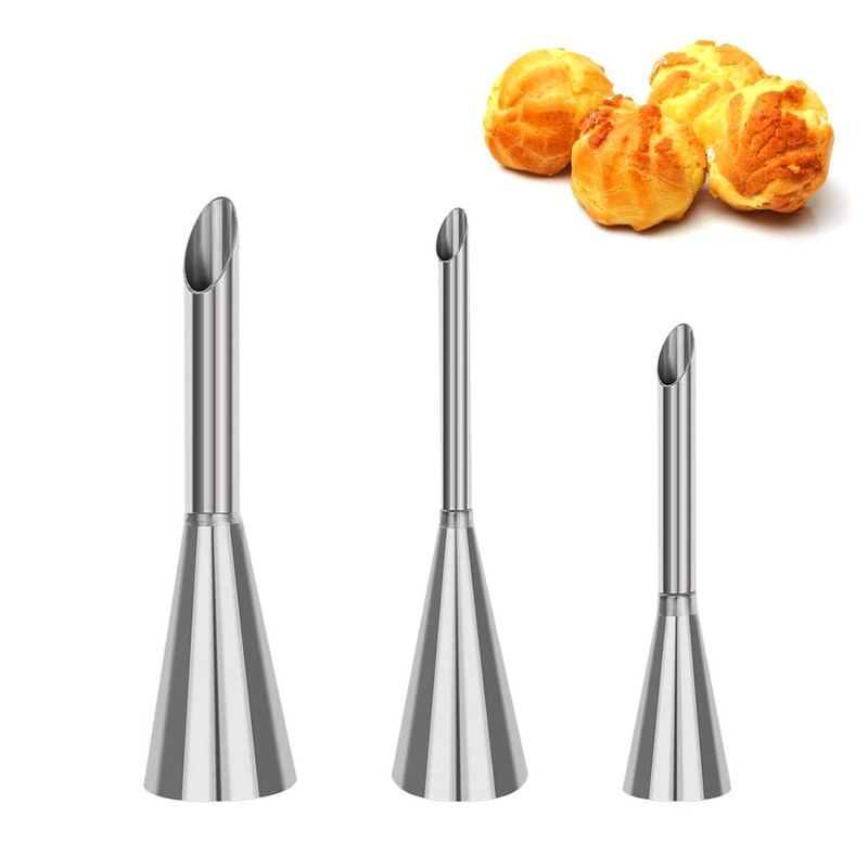 3pcs Stainless Steel Long Cream Puff Nozzle Tips Silver