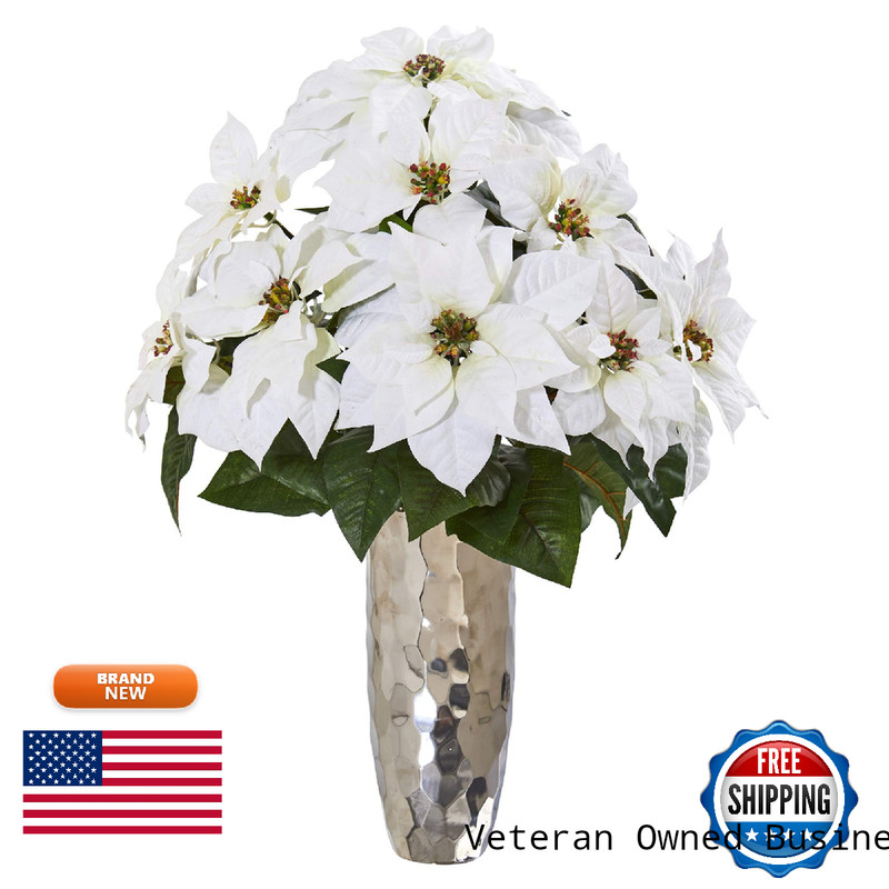 Nearly Natural Poinsettia Artificial Arrangement In Silver Cylinder Vase A1110