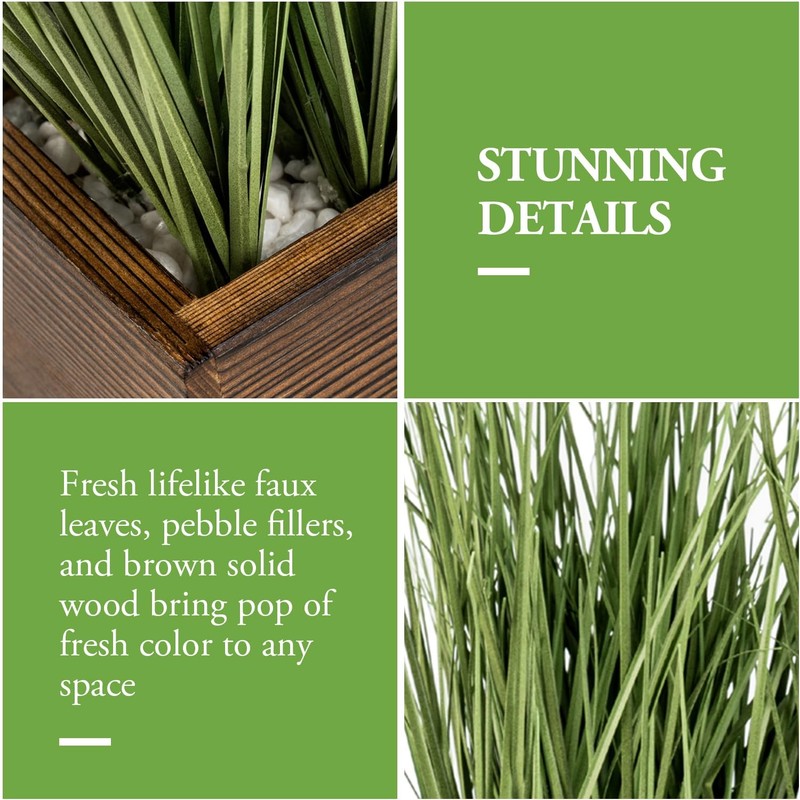 Mygift Artificial Green Grass Plants Trio In Rustic Burnt Solid Wood Planter gallery