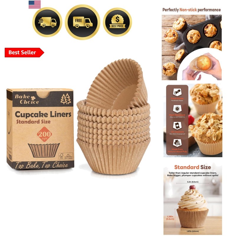 Non-stick 200pcs Standard Cupcake Liners for Baking, Natural, Food-grade Cupc…
