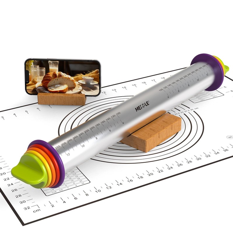 Stainless Steel Rolling Pin with Thickness Rings and Pastry Baking Mat, 13.6″…