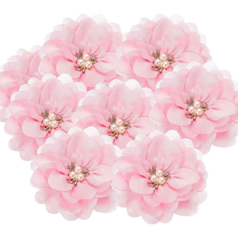 10Pcs 3.15 Inch Rhinestone Chiffon Flower Fabric Appliques Pink