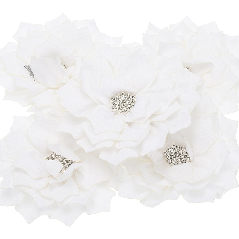 3.5″ Rhinestone Pearl Chiffon Flower, 5 Pcs Sewing Fabric Appliques, White