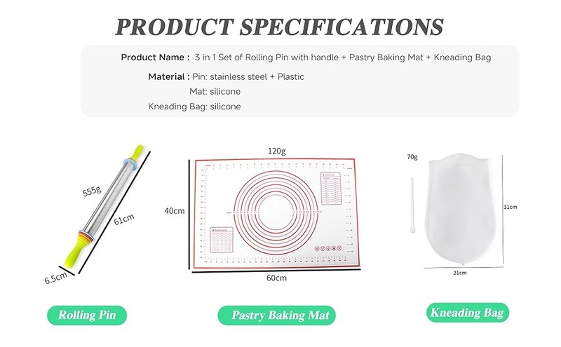 3 in 1 Set of Rolling Pin with handle + Pastry Baking Mat + Kneading Bag, gallery