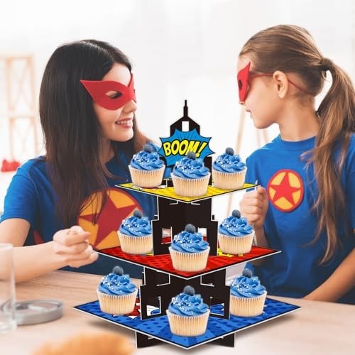 Superhero Cupcake Stand 3 Tier Cardboard 24 Cupcakes Holds Party Dessert gallery