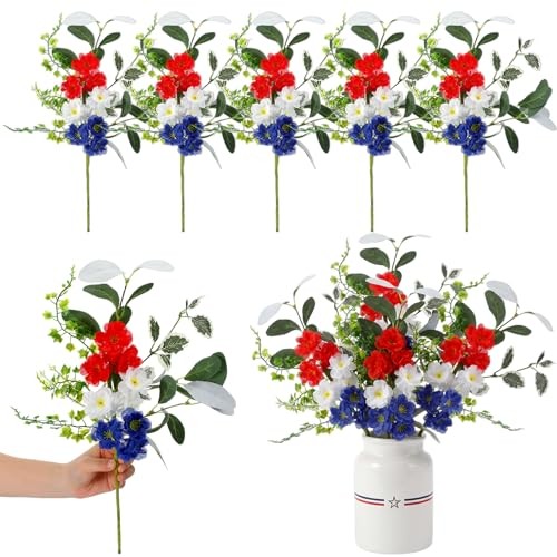 6 Pack 4th of July Patriotic Artificial Flowers 16 Inch Red White and Blue