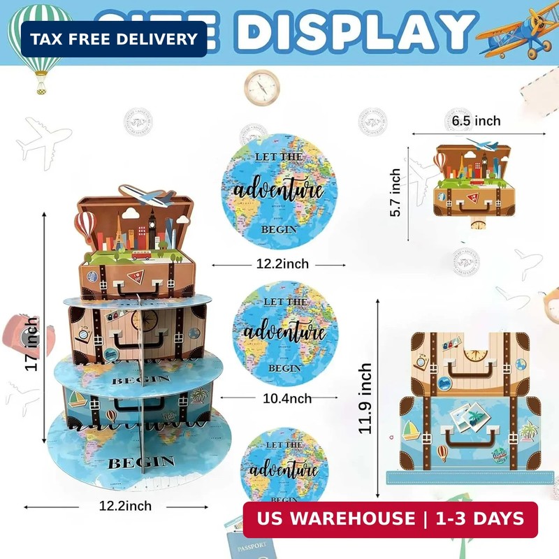 3 Tiers Travel Themed Cupcake Stand Treat Display Cake Holder for Adventure Awai gallery