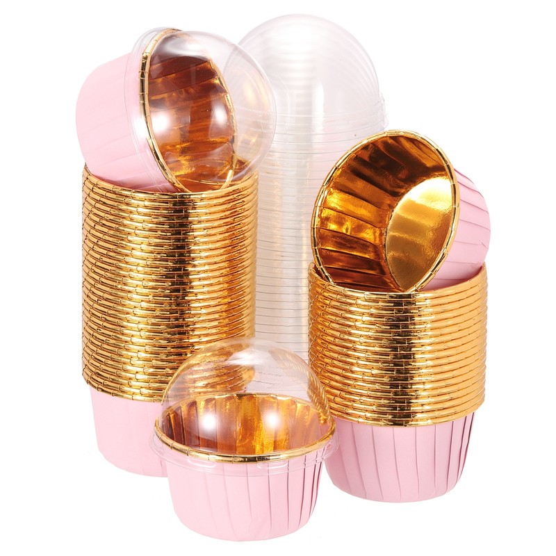 50 Pieces Single Sided Aluminum Cupcake Liners with Pink Lids (Round)