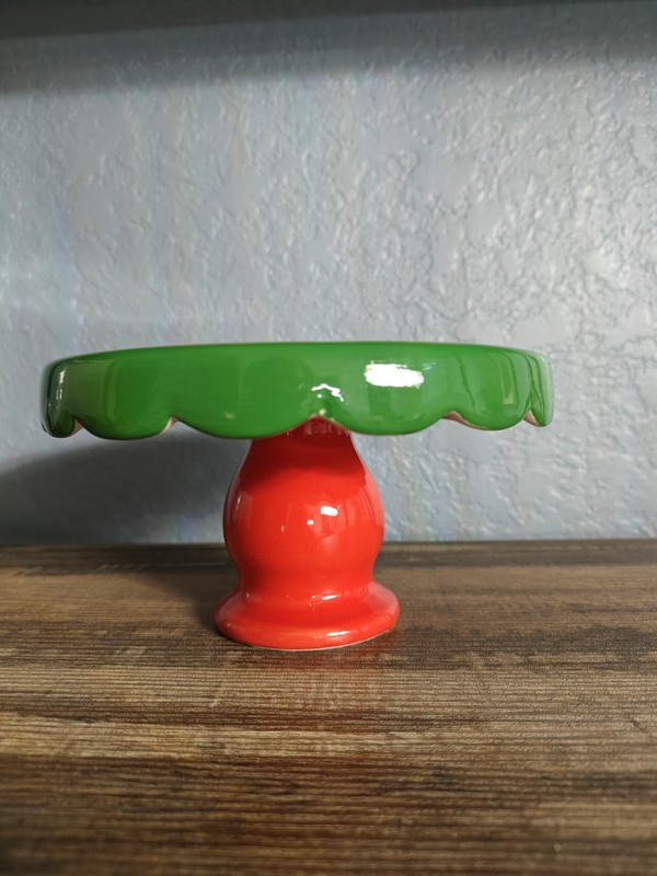 Christmas Decor Ceramic Small Cake Stand Holiday Stripe 7"x 4" Red Green White gallery