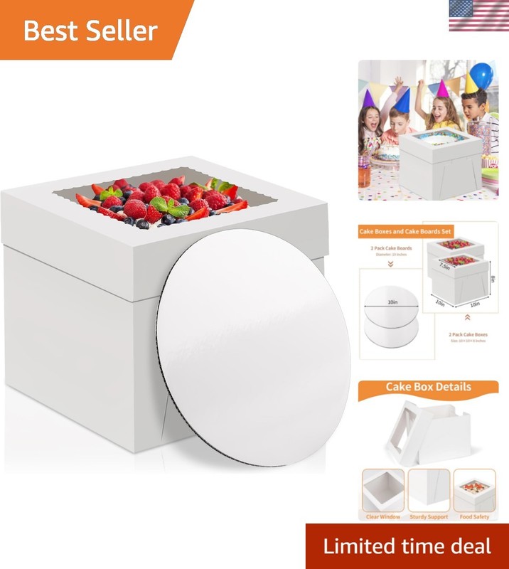 10 Inch Cake Box with Cake Boards, 2 Pack Disposable Cake Carrier, Cakes Tran…