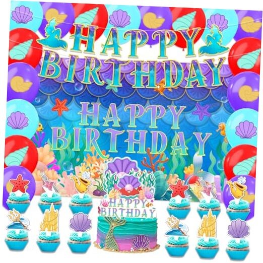 42Pack Mermaid Party decoration pack include Banner,Cake Yellow12
