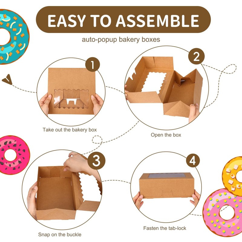 45pcs Cookie Boxes with Window 9x6x3 Inch Brown Auto-Popup Bakery Pastry gallery