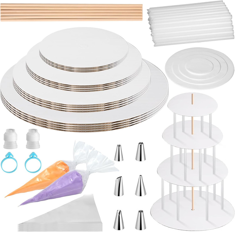 Cake Tier Stacking Kit for 4-Layer Cake, White Cake Boards 10’’-8’’-6’’-4’’ with gallery