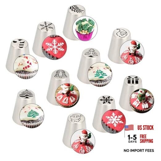 10PCS Christmas Russian Icing Tips Set, Stainless Steel Piping Silver-10