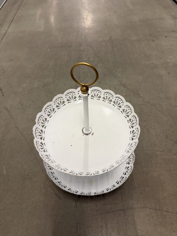 2-Tier White Metal Cake Stand with Gold Handle and Decorative Edge gallery