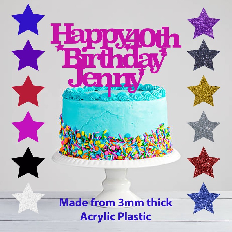 Personalised Happy 40th Birthday Acrylic Glitter Cake Topper Any Name Any Age