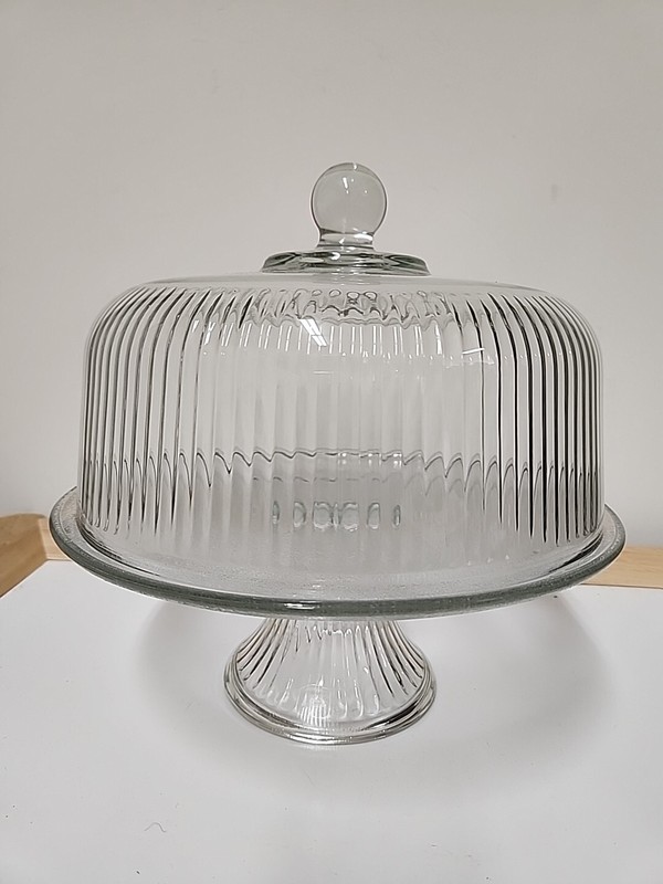 Vintage Dome Covered Pedestal Cake Plate Heavy Ribbed Glass