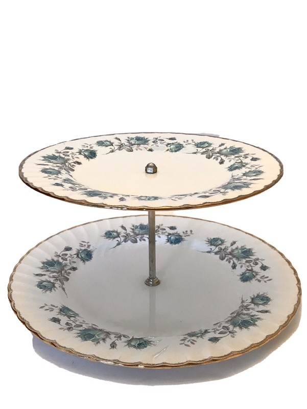 Burleighware England Ironstone 2 Tier Cake Stand Round Blue/ White