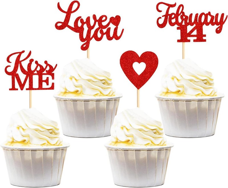 Keaziu 24 Pack Happy Valentine’s Day Cupcake Toppers Picks KISS ME Love You Red