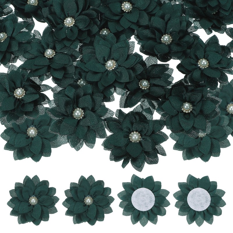 30Pcs 2″ Fabric Flowers Rhinestone Pearls Sewing Fabric Flowers Dark Green