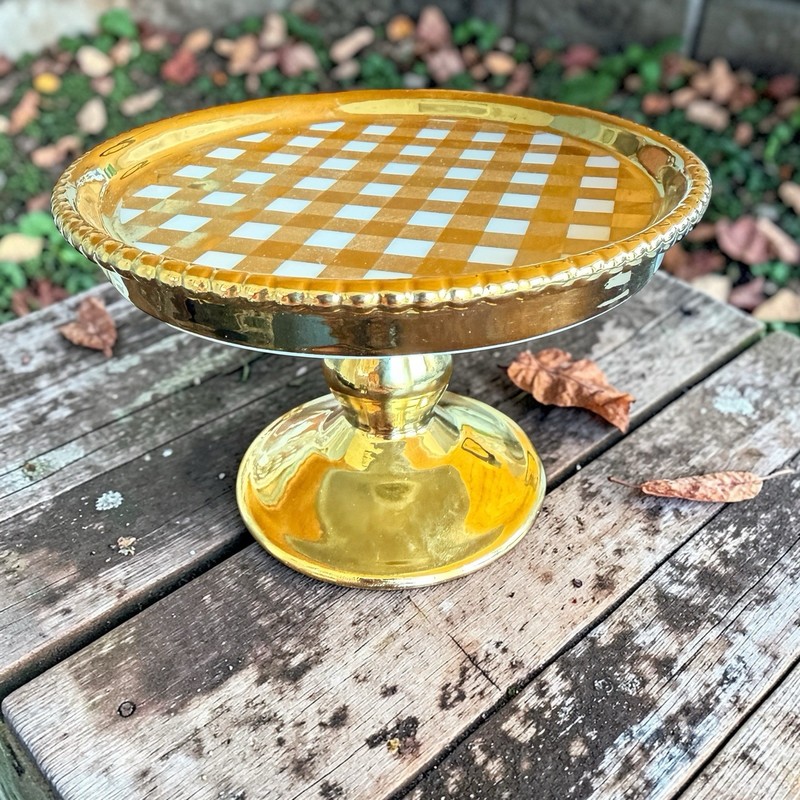 Strawberry Street Gold Check Metal Round Cake Stand Shiny Finish