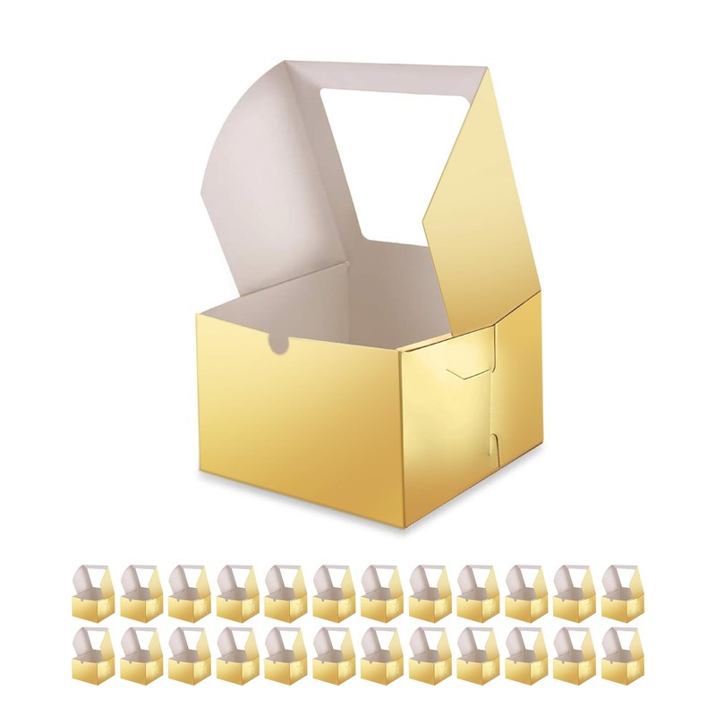 25 Gold Bakery Boxes with Window 5x5x3.5 Inches, Dessert Boxes to Go with Win…