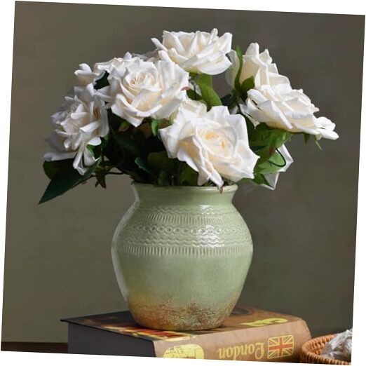 Ceramic Rustic Farmhouse Vase Distressed Flower Vase for Home Decor, Green