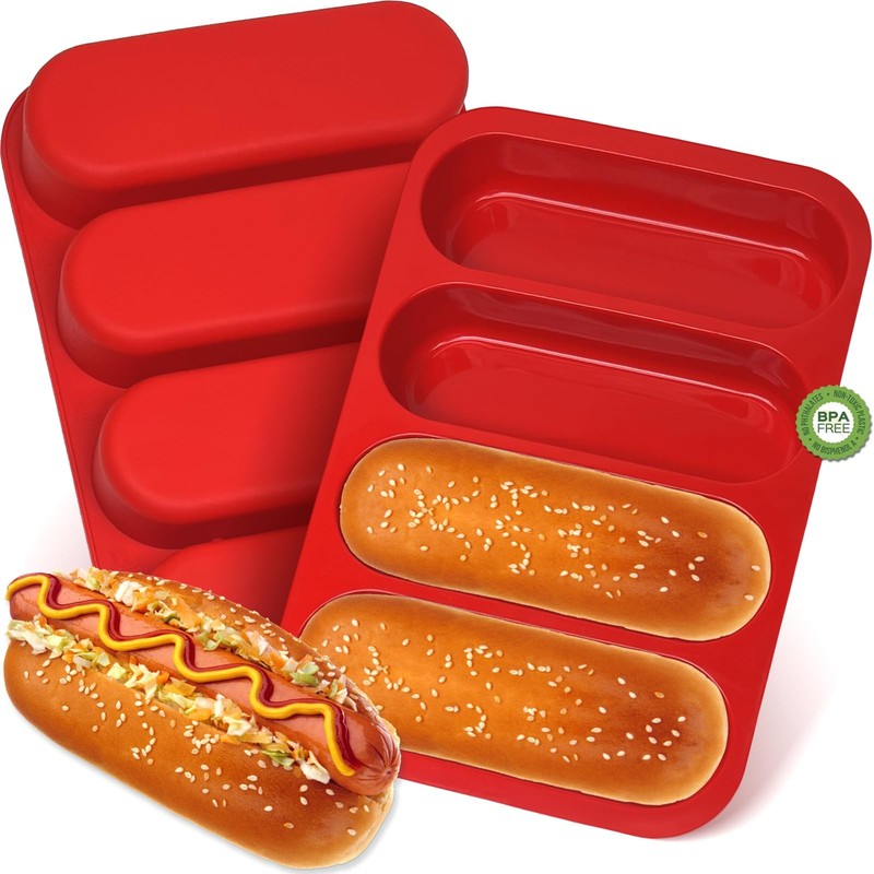 GDDGCUO Silicone Hotdog Bun Pan, 6 Inch Standard Hot dog 6 inch, 2 Pcs, Red