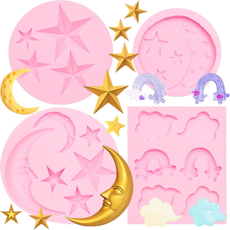Star Chocolate Silicone Mold 4 Pcs, Moon Clouds Rainbow Shaped Fondant Molds for