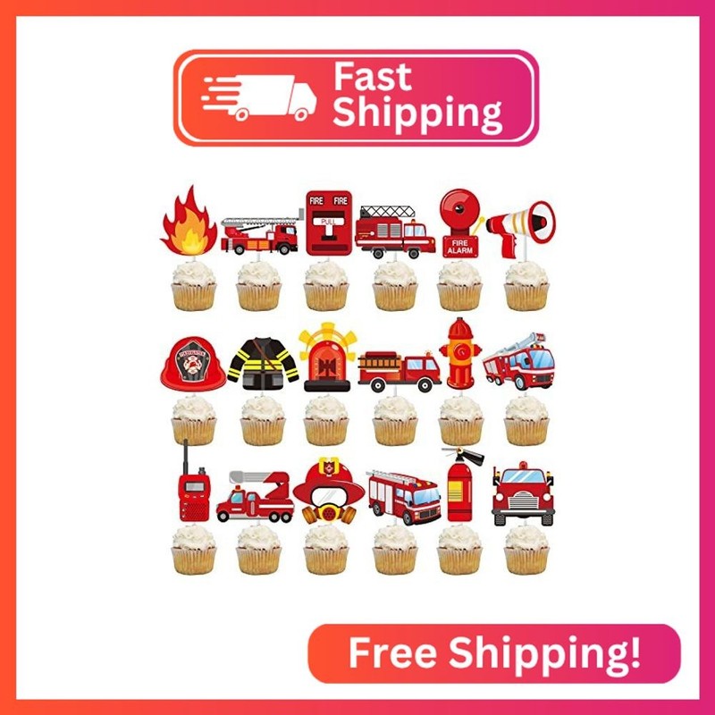 36pcs Fire Truck Party Cupcake Toppers Firefighter Baby Shower Decoration Firema