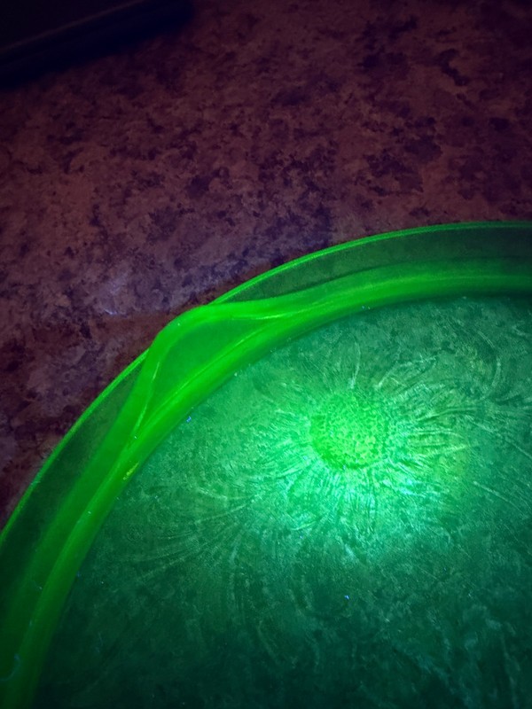 Uranium Green Glass Cake Stand, Sunflower Pattern, 1940's Depression Glass gallery