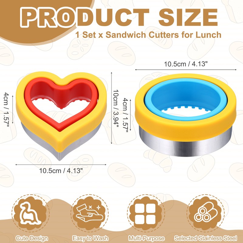 2 Pcs Sandwich Cutter and Sealer Cookie Cutter Heart Round Shape Red/Yellow/Blue gallery