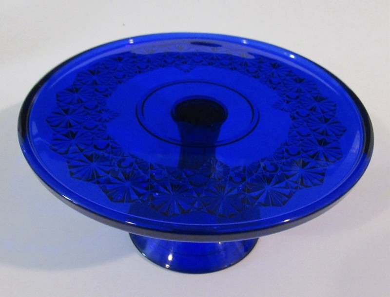 Vintage Cobalt Blue Cut Glass 9.75” wide by 5.25” high Footed Cake Stand EUC gallery