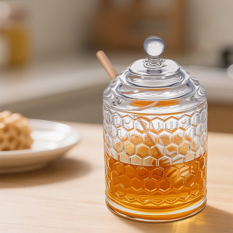 9 oz Clear Crystal Glass Honey Pot with 2 Dipper Sticks - No Drip Honey Dispe... gallery