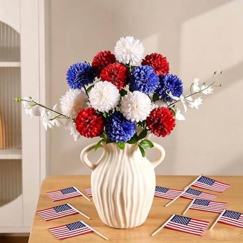 24pcs 4th of July Flowers Artificial Chrysanthemum Ball Red Blue White-24pcs gallery