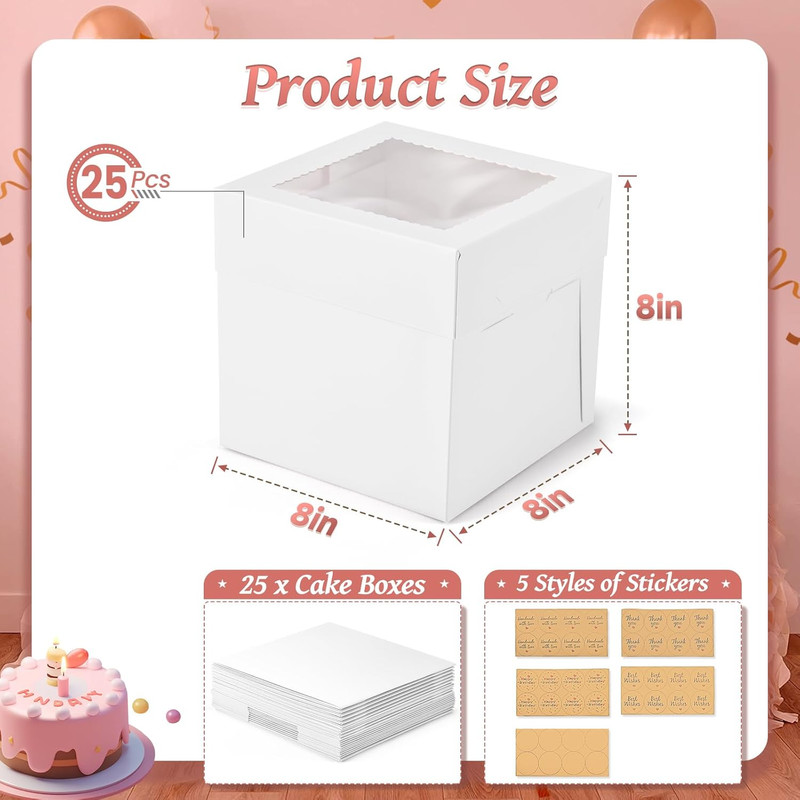 25Pcs 8X8X8 Inch Cake Boxes, White Bakery Boxes with Window, Square Disposable C gallery
