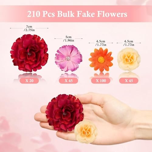 210 Pcs Mini Silk Flower Heads Small Fake Rose Daisy Faux Bright Colors Mixed gallery