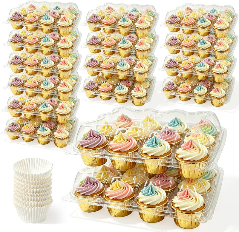 12 Packs × 20 Sets Disposable Plastic Cupcake Containers,Stackable CupCake Holde