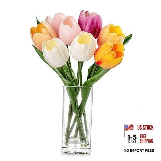 Fake Flowers Artificial Tulip Flower in Clear Vase, Multi Color Multi-colors