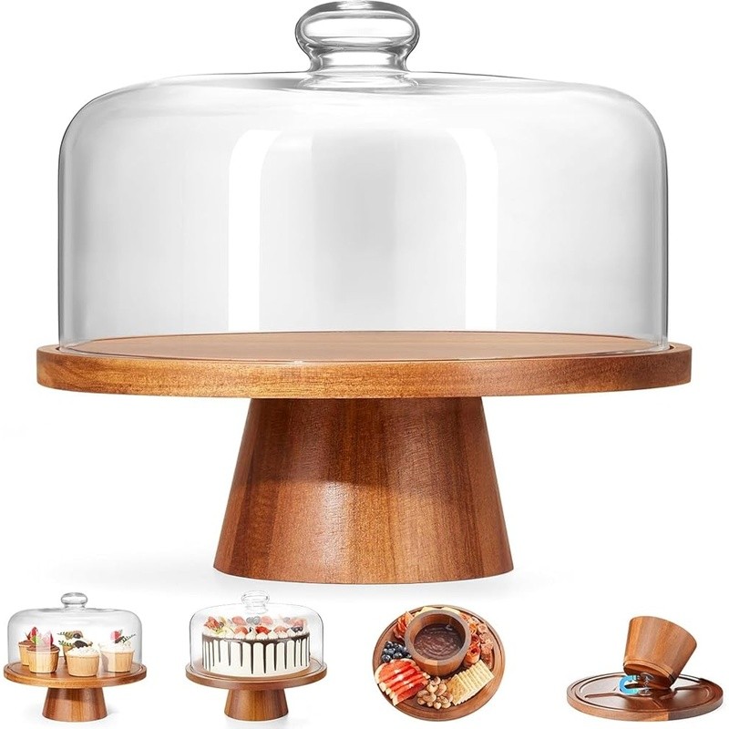 Magnetic Acacia Wood Cake Stand W/ Glass Dome Perfect Desserts & Charcuterie New gallery