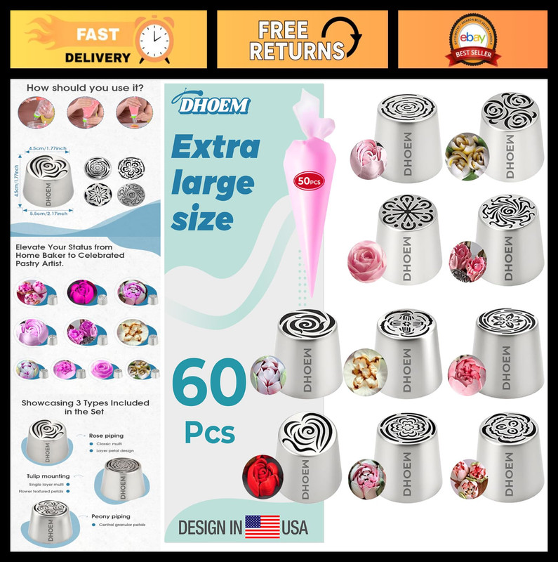 60Pcs Extra Large Russian Piping Tips Set – 10 Flower Nozzles for Cake Decoratin