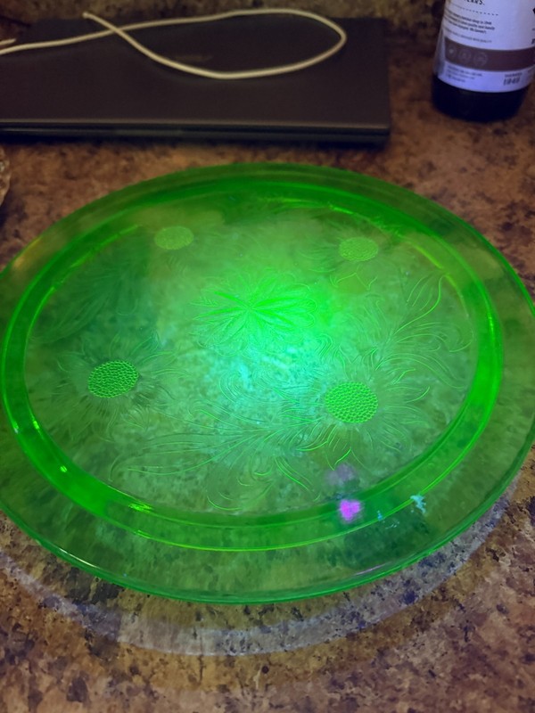 Uranium Green Glass Cake Stand, Sunflower Pattern, 1940’s Depression Glass