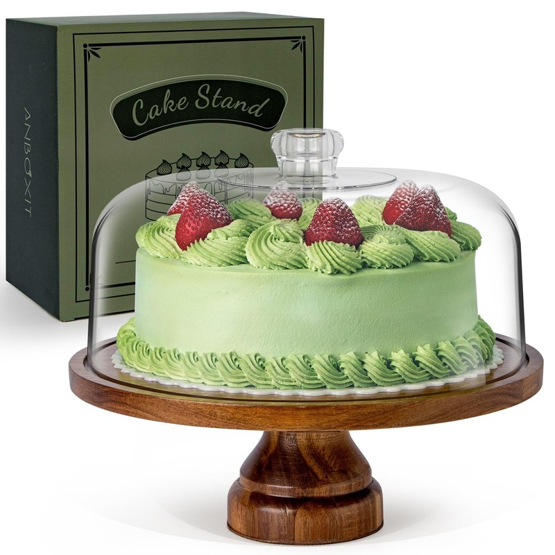 Cake Stand with Dome Lid, Acacia Wood Cake Plate with Cover, Wooden Cake Disp…