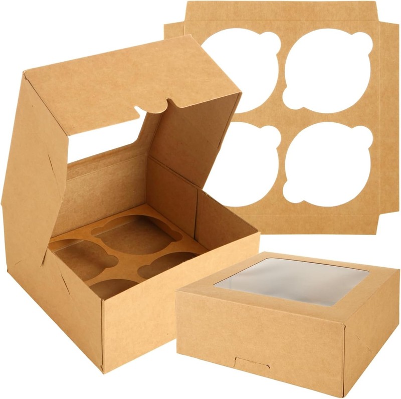 40 Pack Muffin Boxes 4 Count 6 x 6 x 3 Inch Cupcake Box Fold-Free Brown Jumbo
